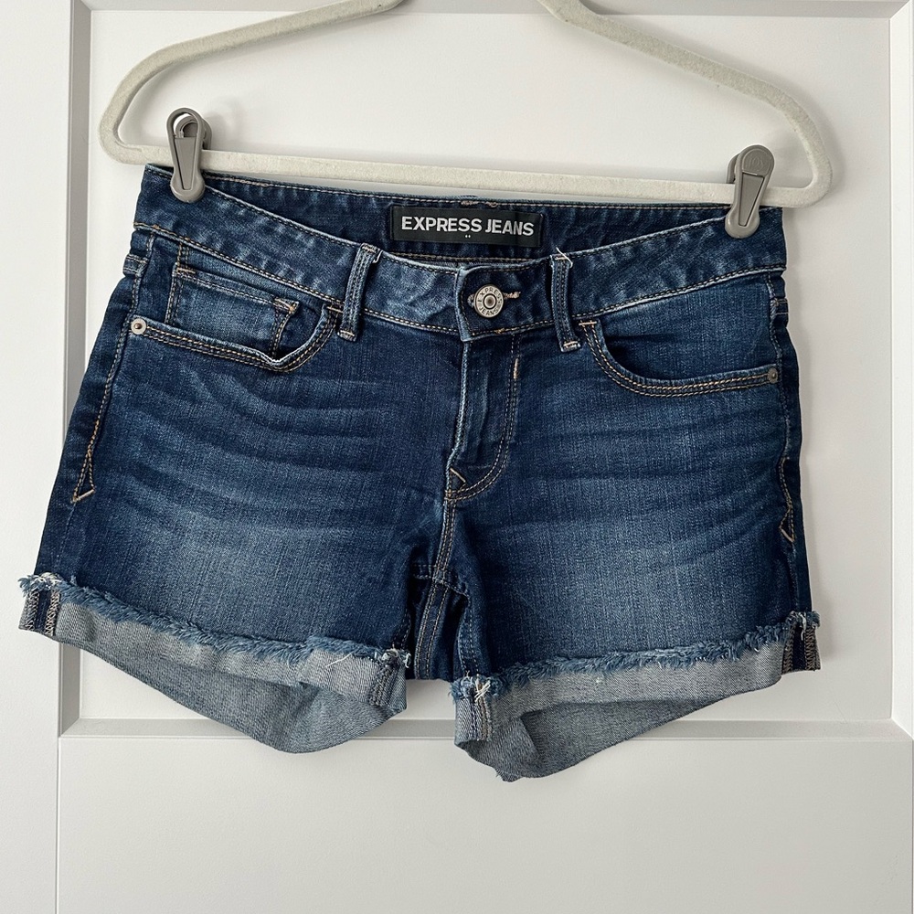 Express | Dark Wash Mid Rise Shortie Jean Shorts
